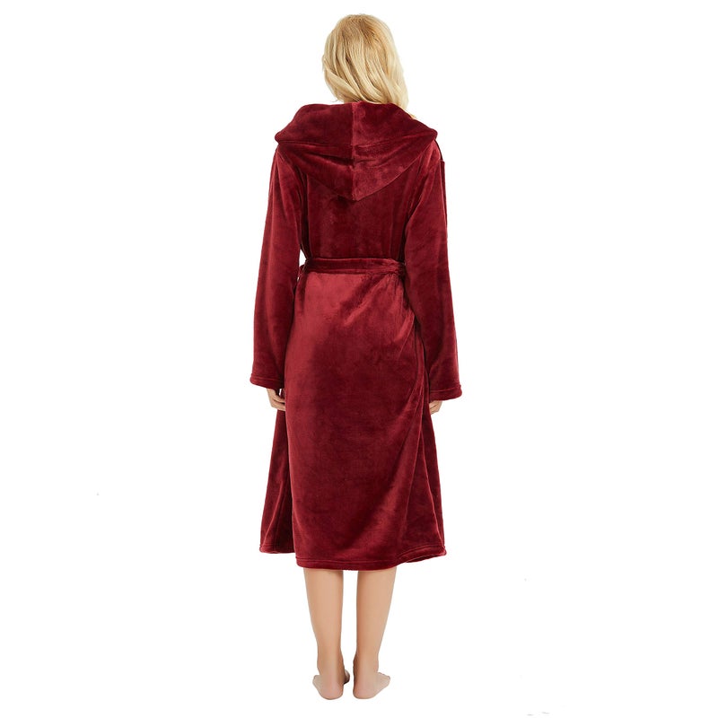HEARTNICE Womens Hooded Fleece Robe, Soft Plush Bathrobe for Womens, Fluffy Cute Long House Coat (A-Wine Hooded, 2XL/3XL) - Image 2
